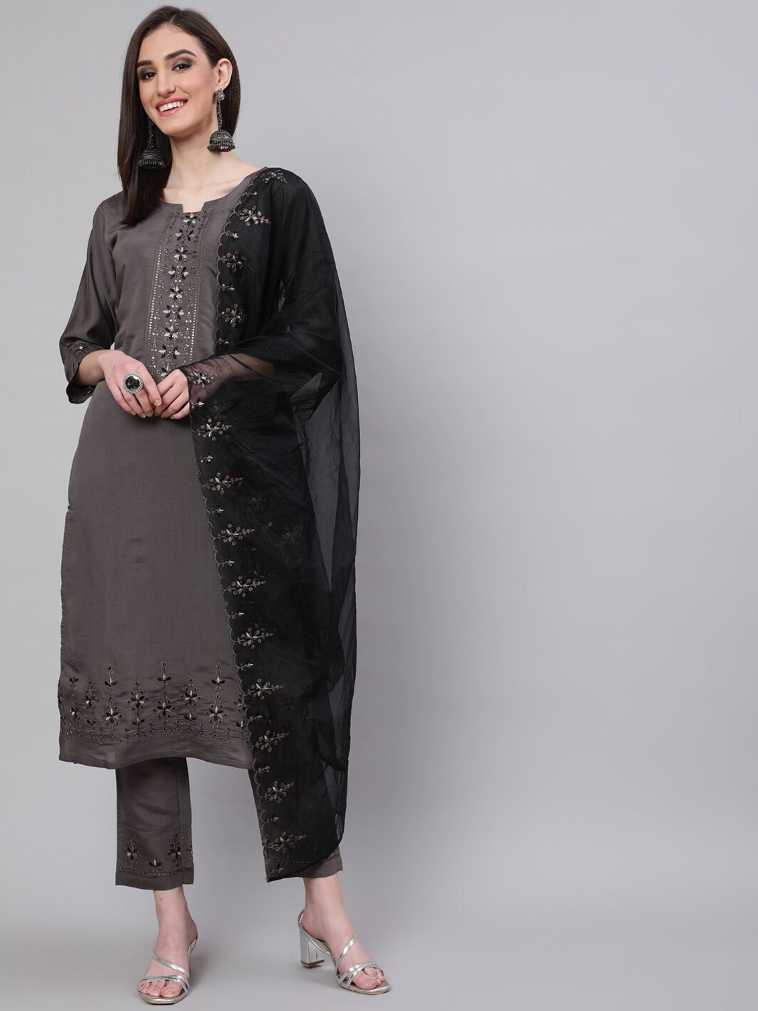 

AKS Couture Floral Embroidered Chanderi Silk Straight Kurta With Trousers & Dupatta, Grey