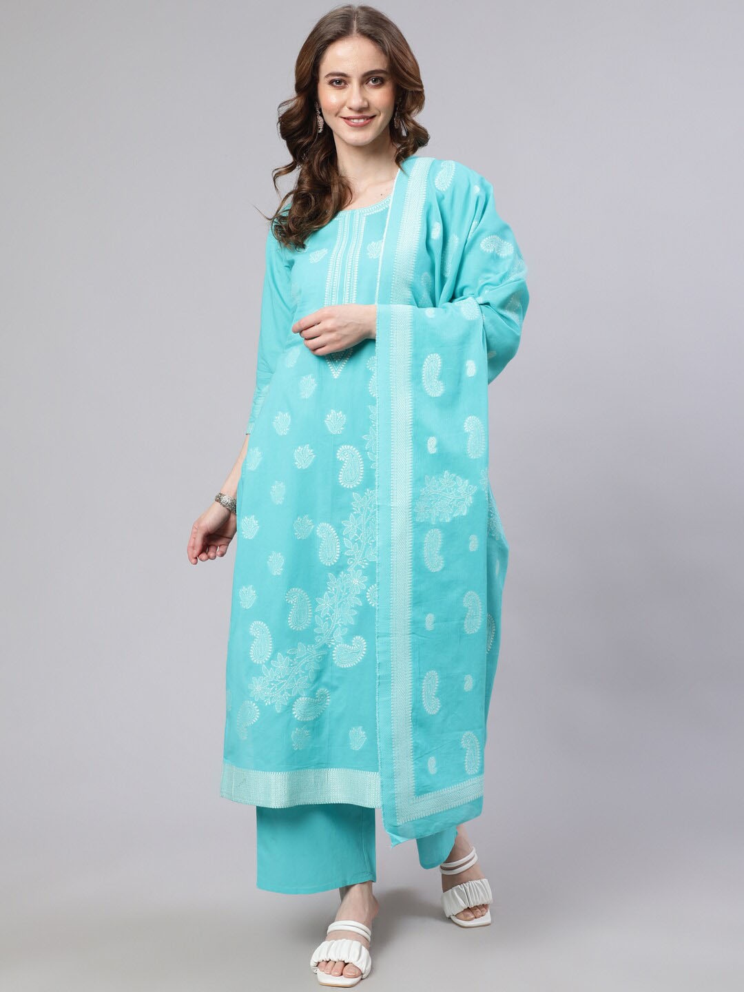 

AKS Couture Woven Design Zari Regular Pure Cotton Kurta with Palazzos & With, Turquoise blue