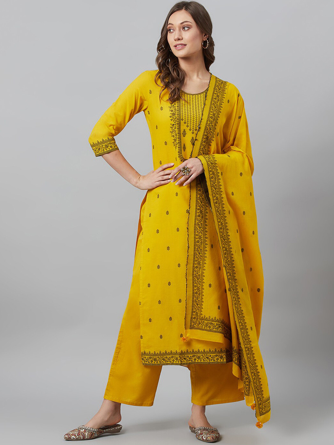 

AKS Couture Ethnic Motifs Embroidered Pure Cotton Straight Kurta With Palazzos & Dupatta, Mustard