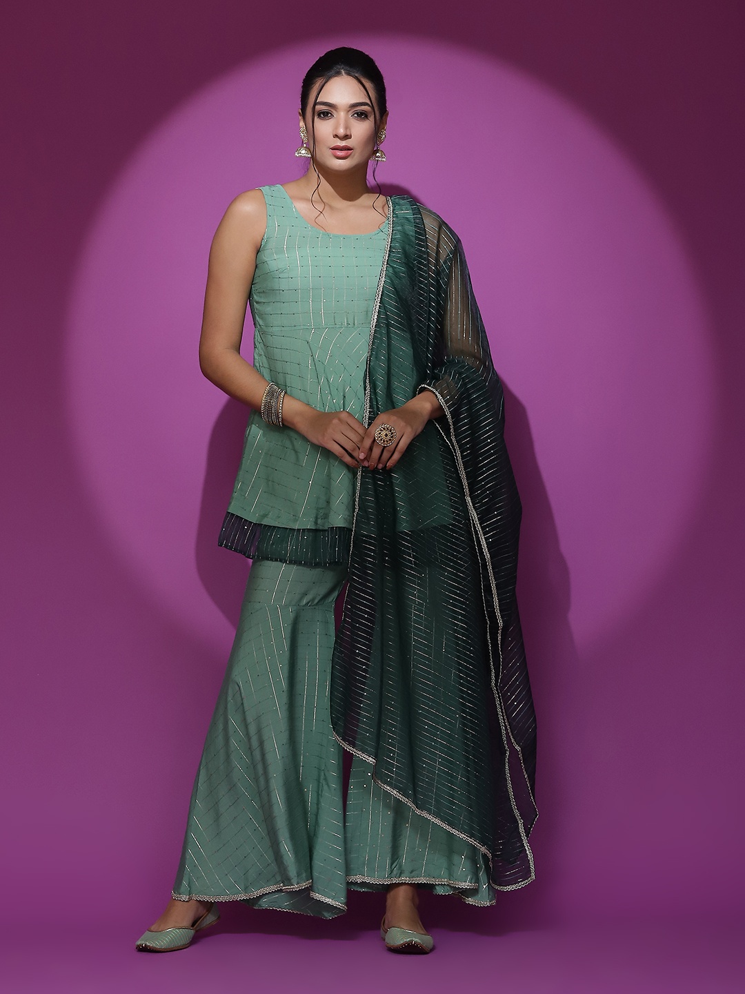 

AKS Couture Embroidered Pure Cotton Straight Kurta With Sharara & Dupatta, Green