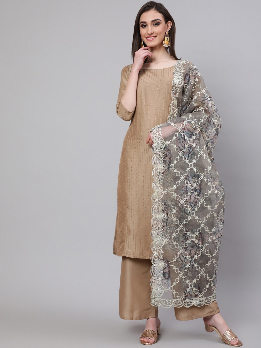 

AKS Couture Embroidered Sequinned Straight Kurta & Palazzos & Dupatta, Beige