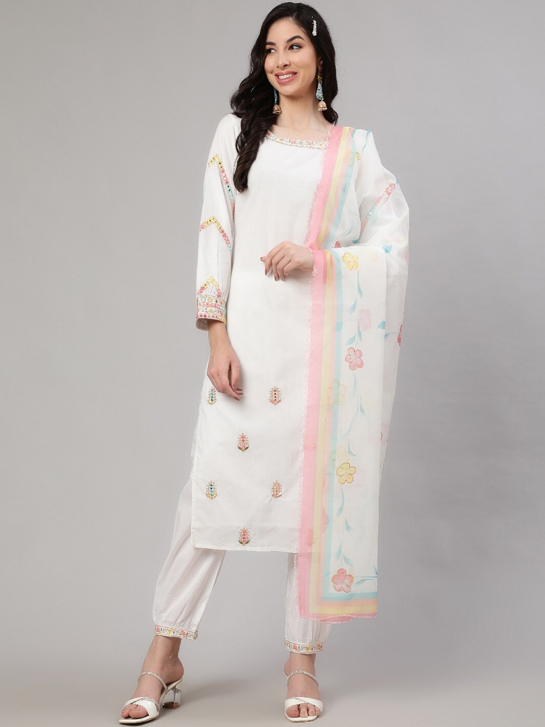 

AKS Couture Ethnic Motifs Embroidered Mirror Work Pure Cotton Kurta with Salwar & Dupatta, White