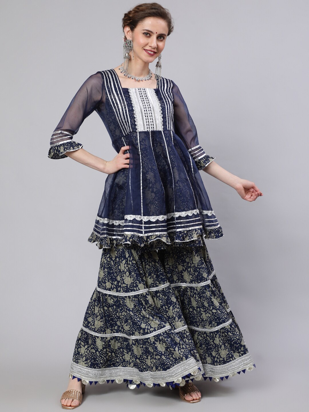 

AKS Couture Floral Printed Square Neck Gotta Patti Pure Cotton Kurta with Sharara, Navy blue