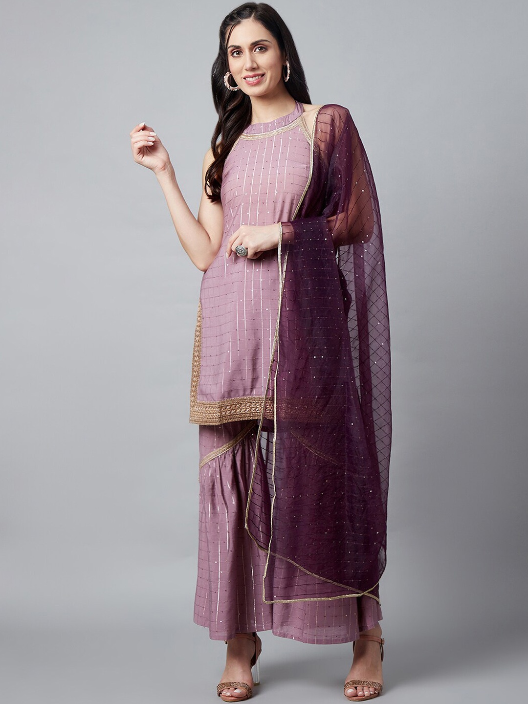 

AKS Couture Checked Halter Neck Sequin Pure Cotton Kurta with Sharara & Dupatta, Brown