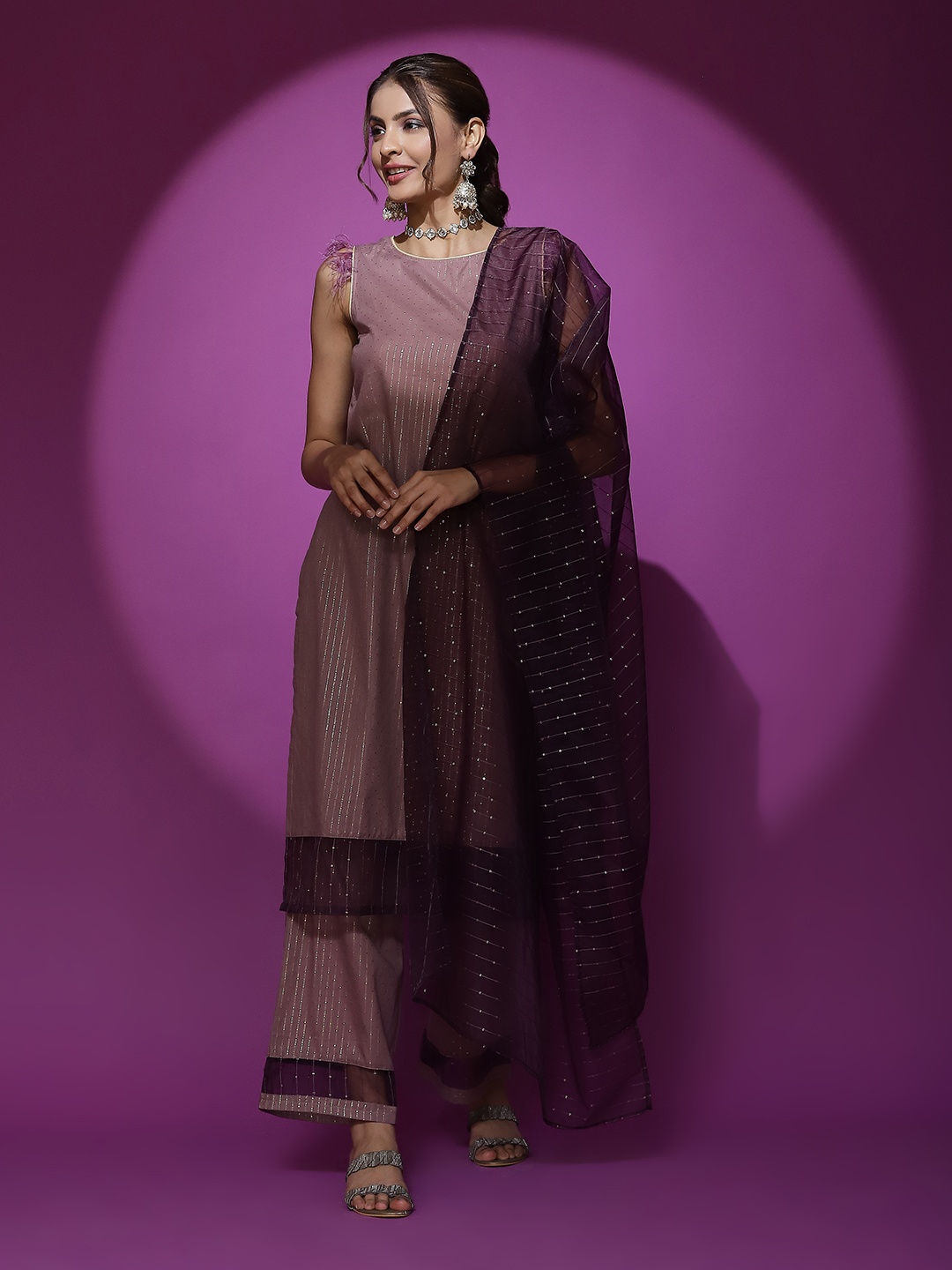 

AKS Couture Embroidered Sequinned Pure Cotton Straight Kurta With Palazzos & Dupatta, Brown