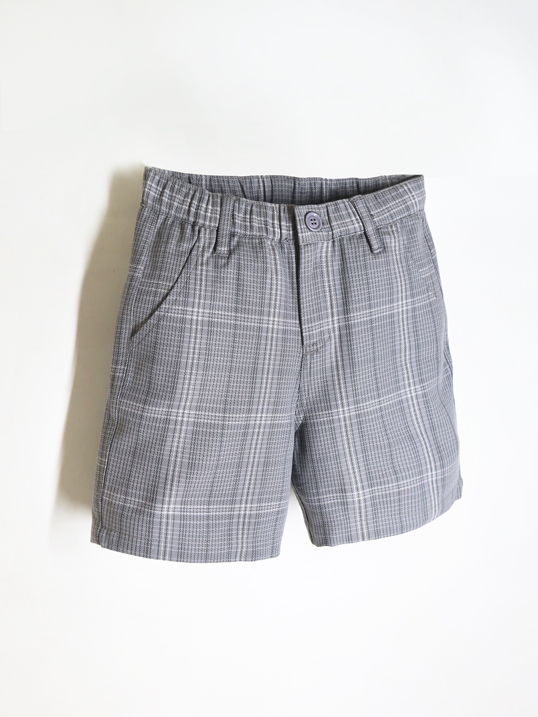 

Cherry Crumble Boys Checked Pure Cotton Shorts, Grey