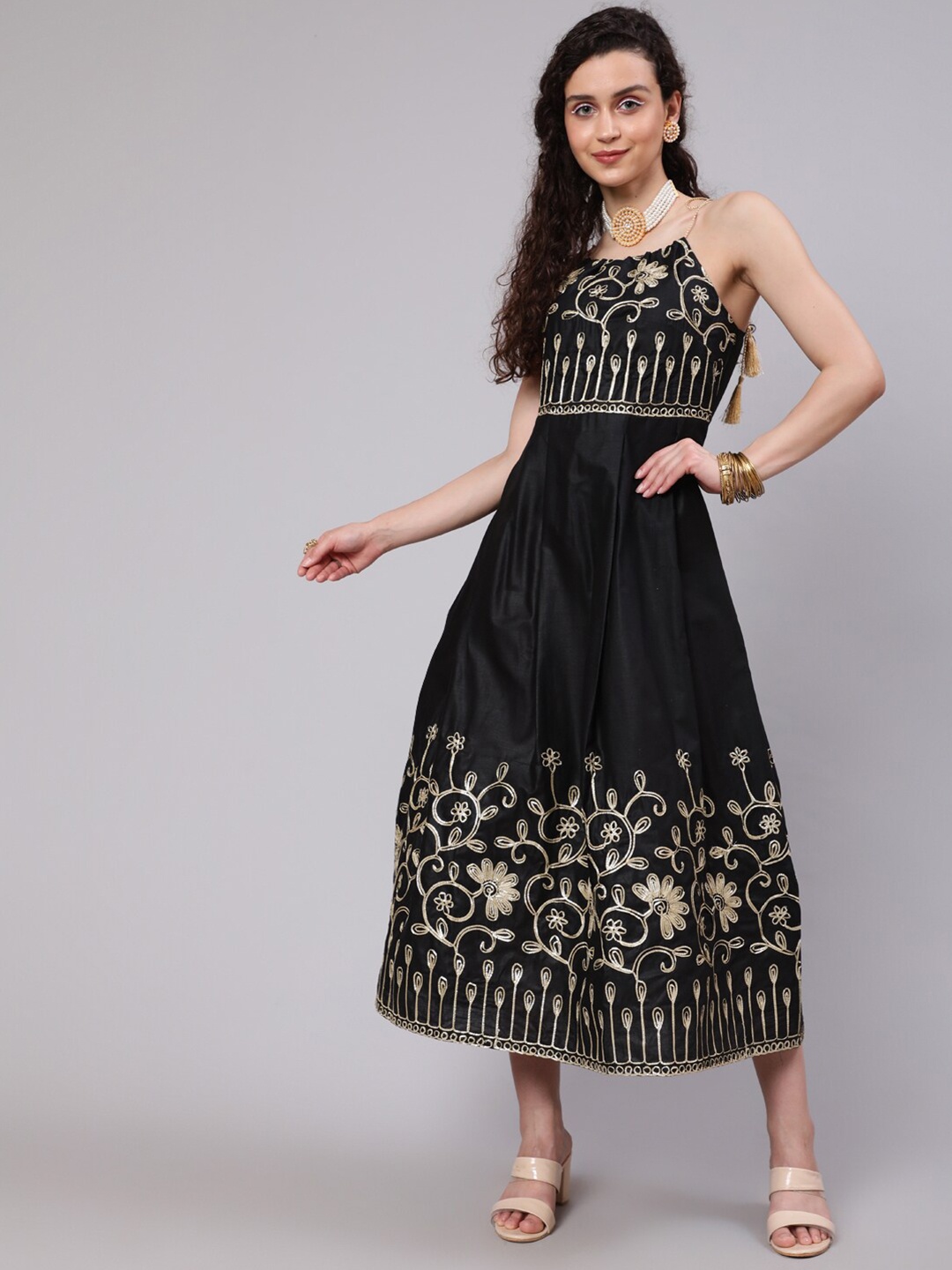 

AKS Embroidered Shoulder Straps A-Line Ethnic Dress, Black