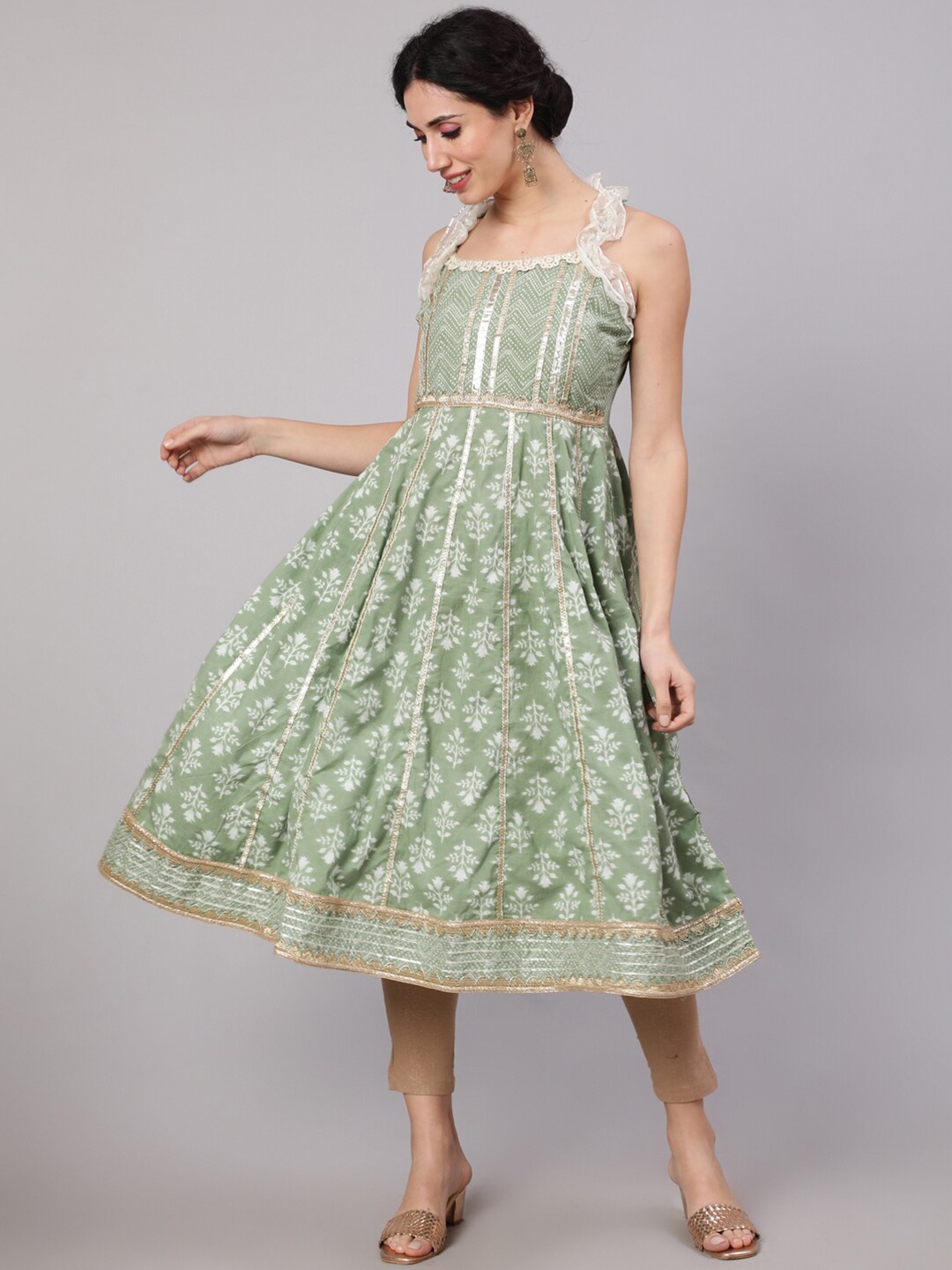 

AKS Floral Printed Shoulder Straps Empire Gotta Patti Pure Cotton Kurta, Green