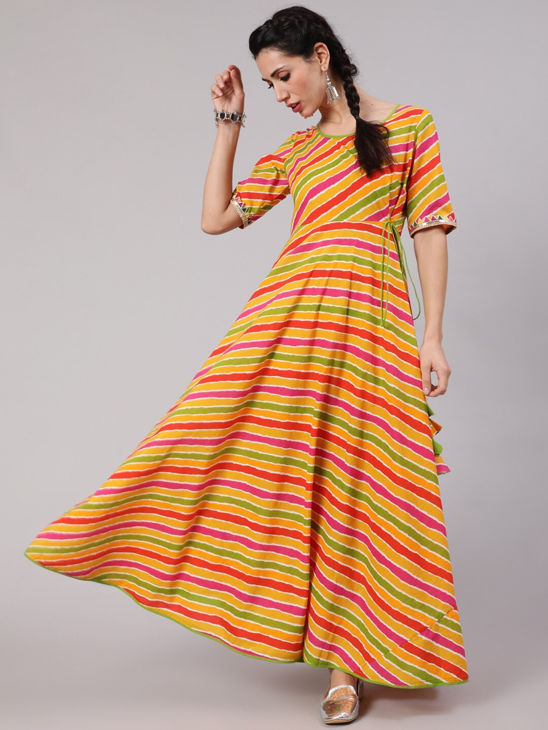 

AKS Striped Cotton Fit & Flare Maxi Ethnic Dress, Yellow