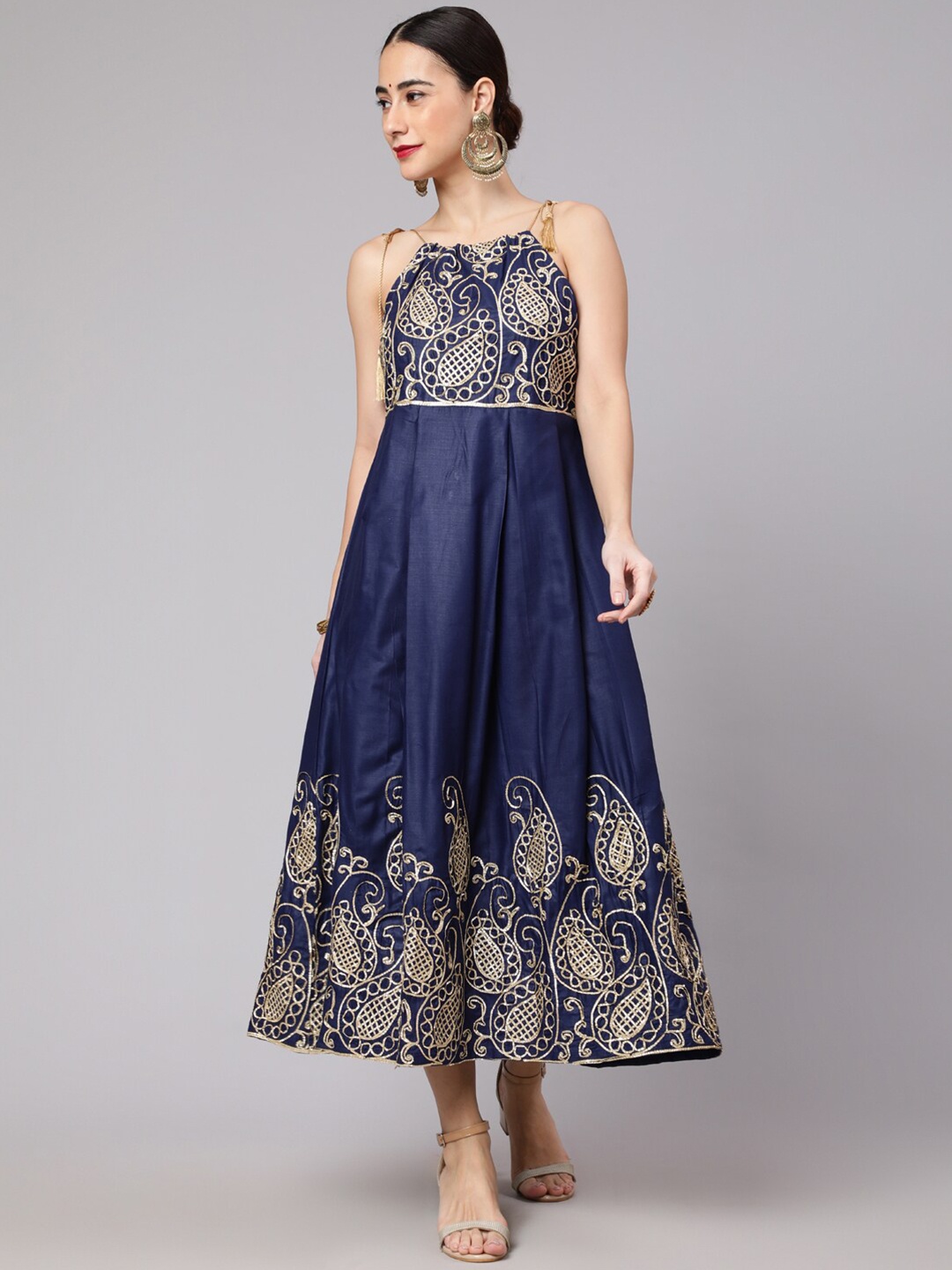 

AKS Embroidered Shoulder Straps Fit & Flare Ethnic Dress, Navy blue