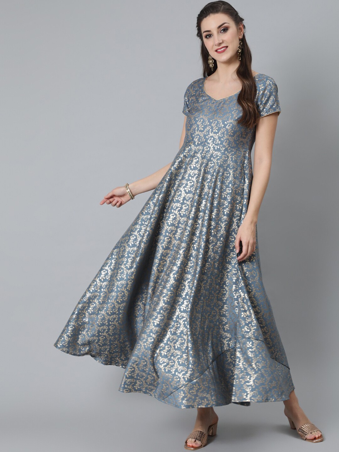 

AKS Florel Printed Fit & Flare Maxi Ethnic Dress, Grey