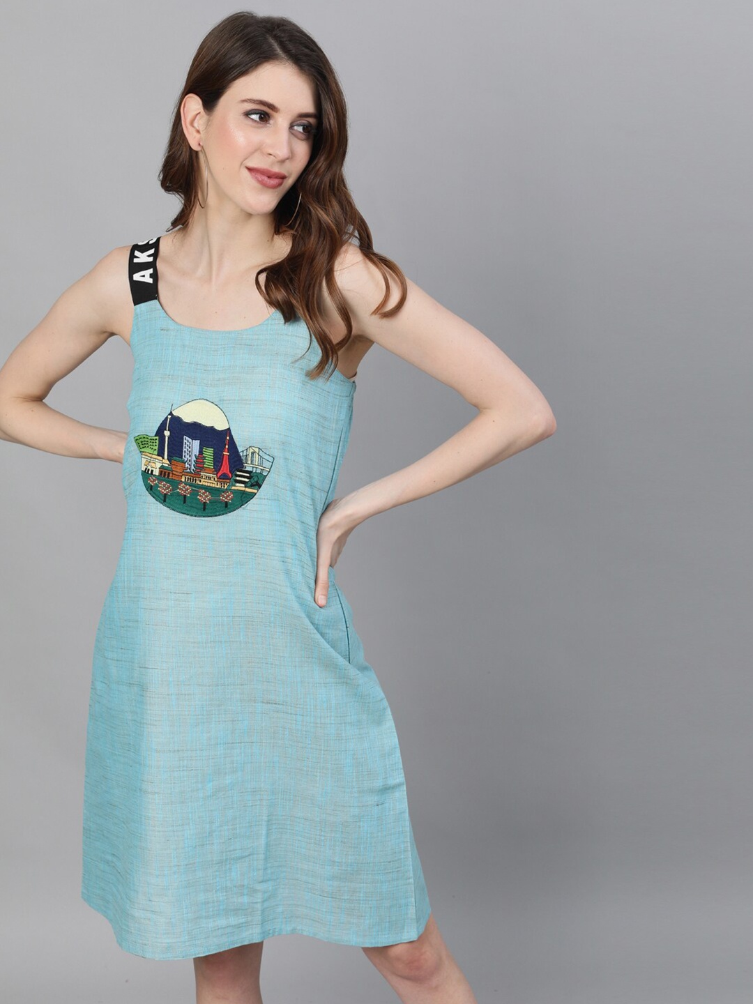 

AKS Embroidered Shoulder Straps Cotton Sheath Dress, Blue
