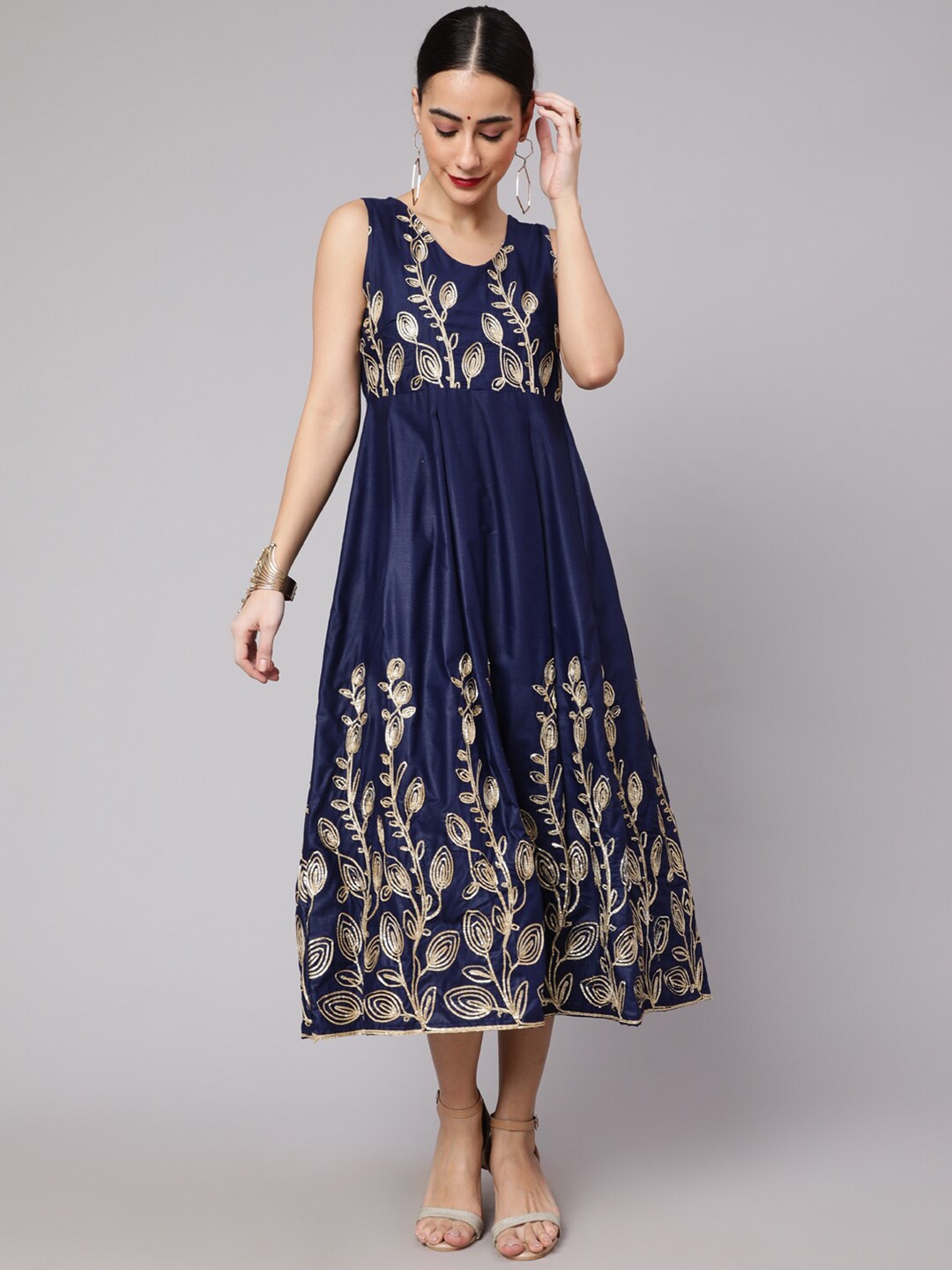 

AKS Embroidered V-Neck Fit & Flare Midi Ethnic Dress, Navy blue