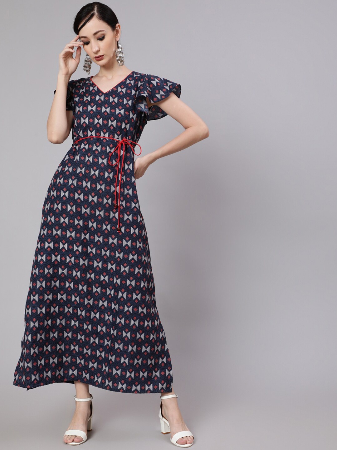 

AKS Geometric Printed V-Neck Flutter Sleeve Cotton Maxi Dress, Blue