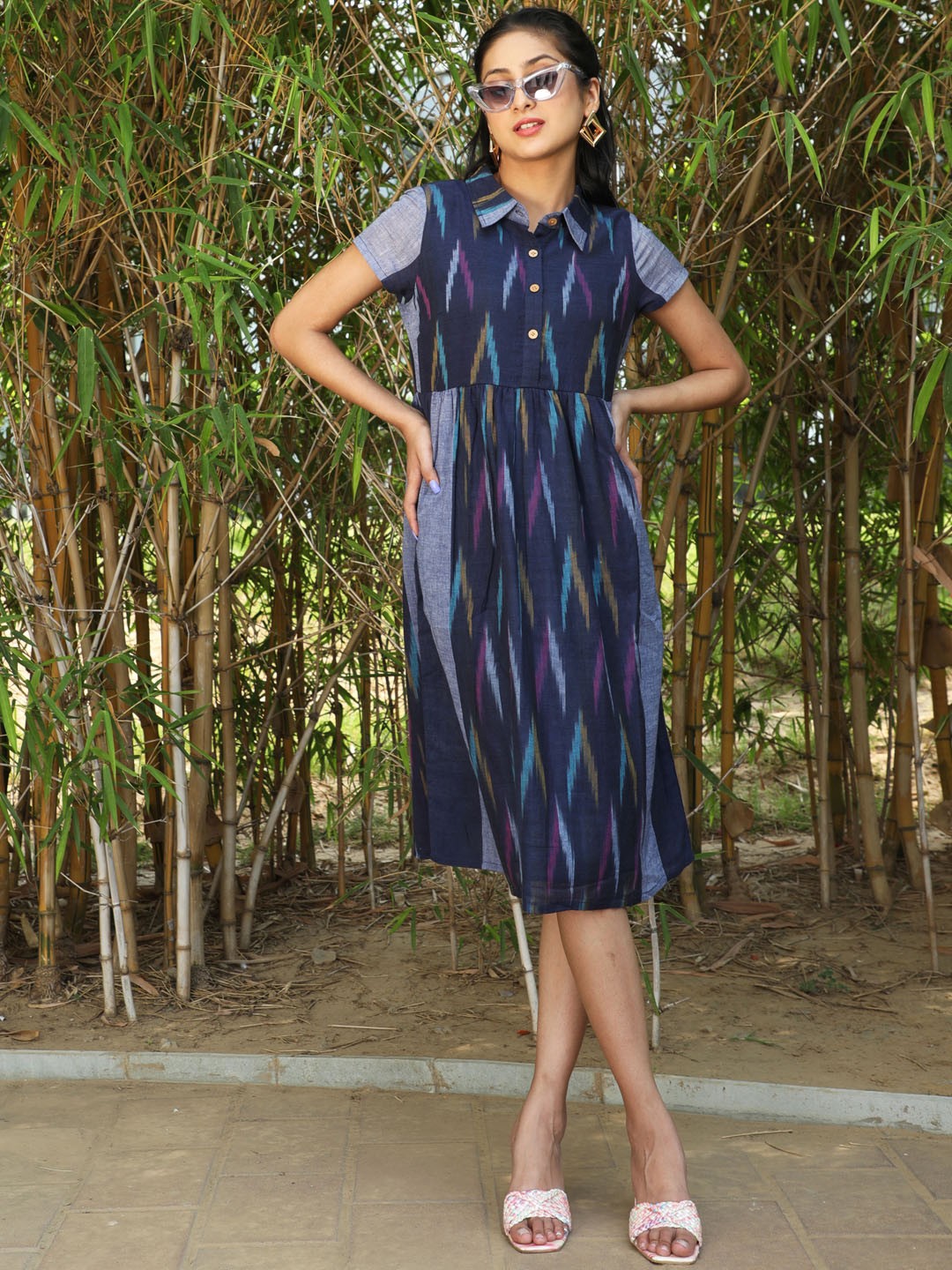 

AKS Blue Abstract Printed Shirt Collar Fit & Flare Midi Dress