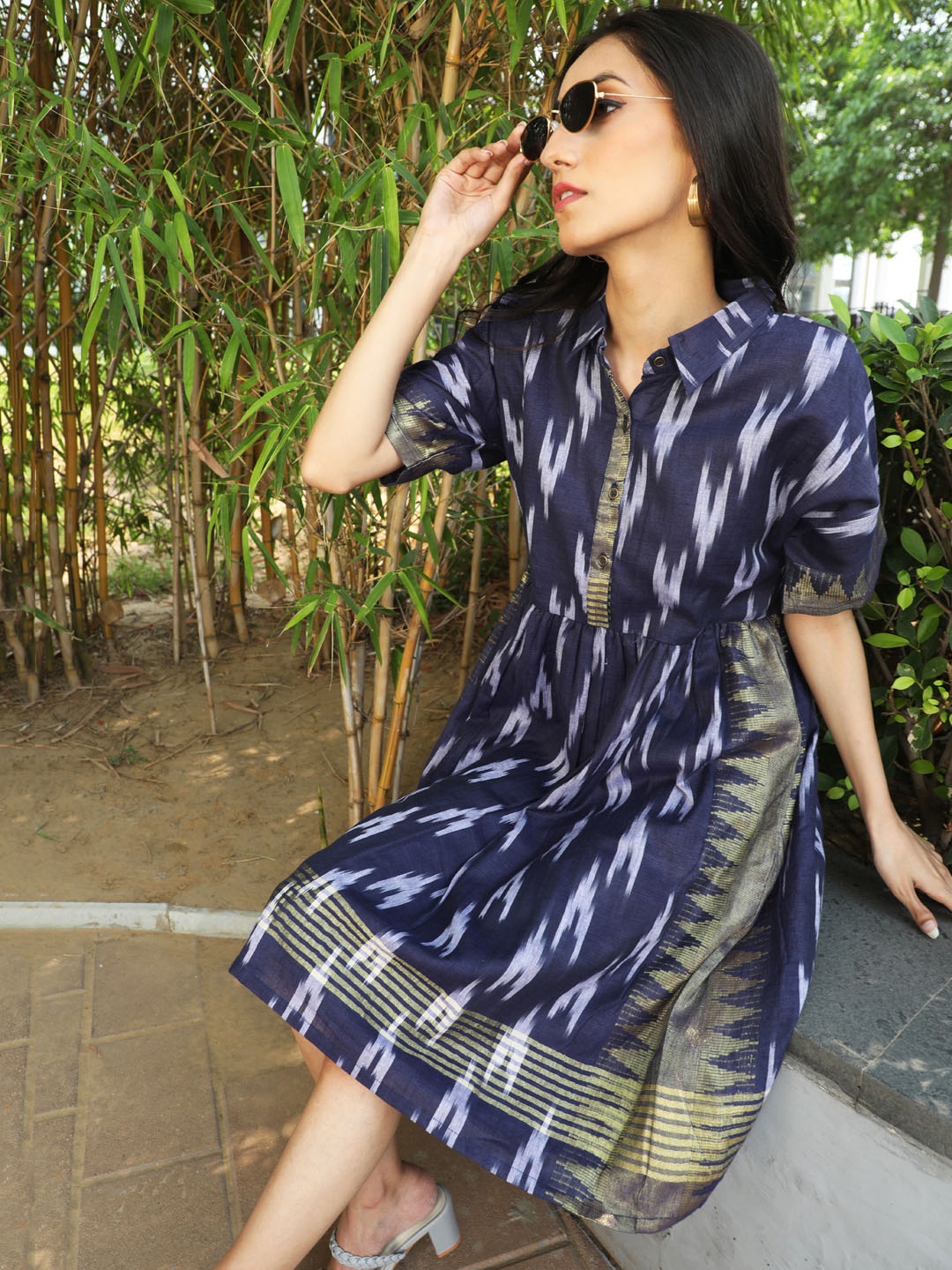 

AKS Navy Blue Abstract Printed Shirt Collar Fit & Flare Dress