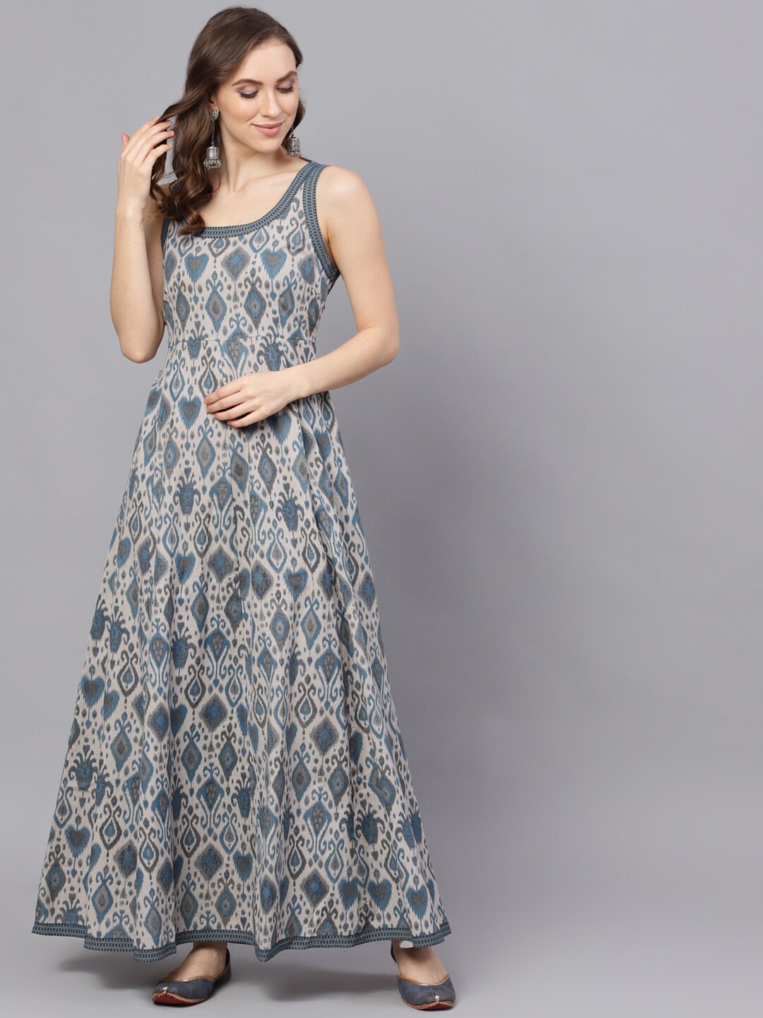 

AKS Ethnic Motifs Printed Cotton Fit & Flare Maxi Ethnic Dress, Grey