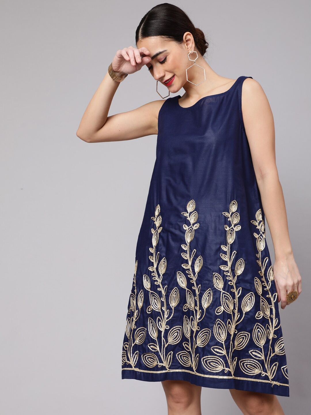 

AKS Embroidered Sleeveless A-Line Ethnic Dress, Navy blue