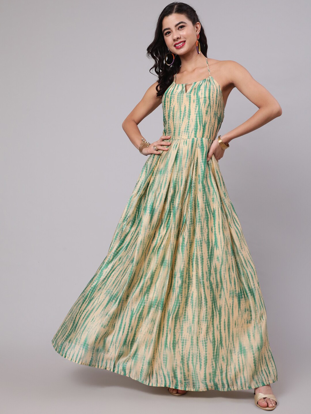 

AKS Abstract Printed Halter Neck Silk Maxi Dress, Cream