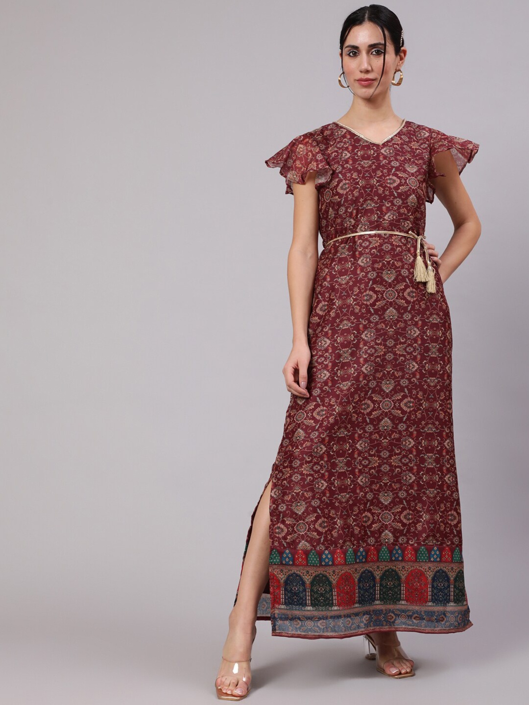 

AKS Floral Printed Flutter Sleeve Silk Maxi Ethnic Dress, Burgundy