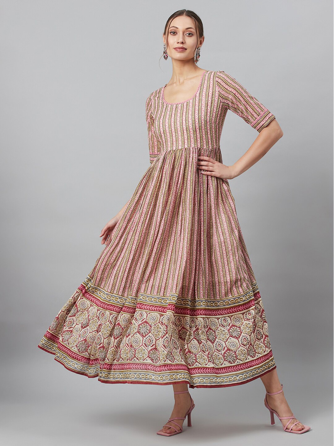 

AKS Striped Cotton Fit & Flare Maxi Ethnic Dress, Cream