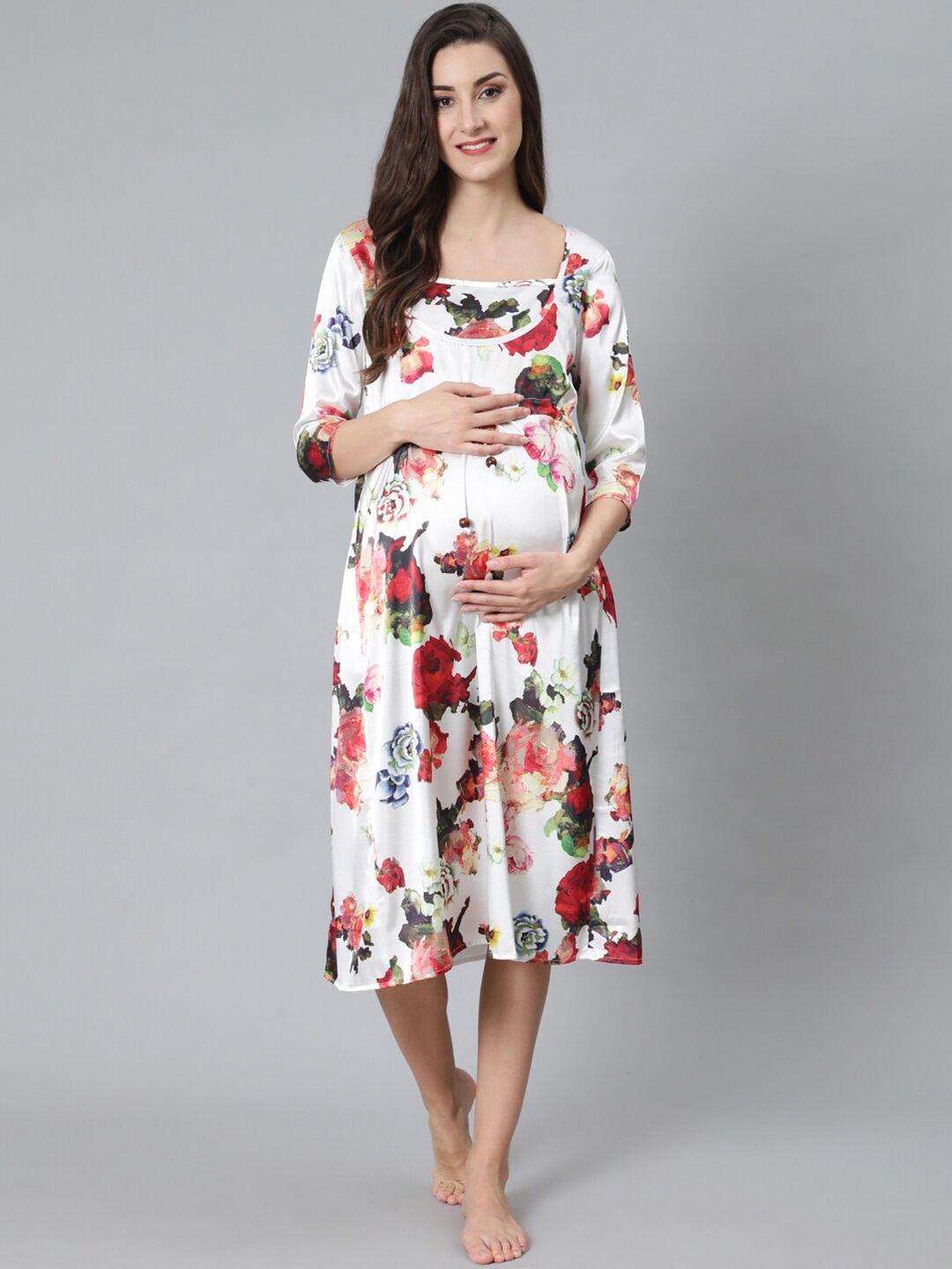 

AKS Floral Printed Round Neck Maternity Midi Nightdress, White