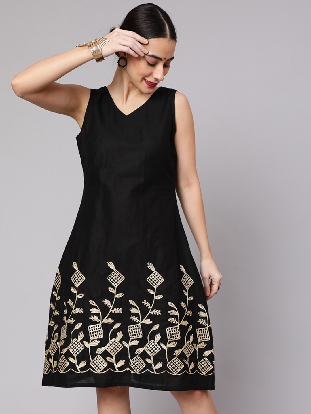 

AKS Floral Embroidered V-Neck Knee Length Cotton A-Line Dress, Black