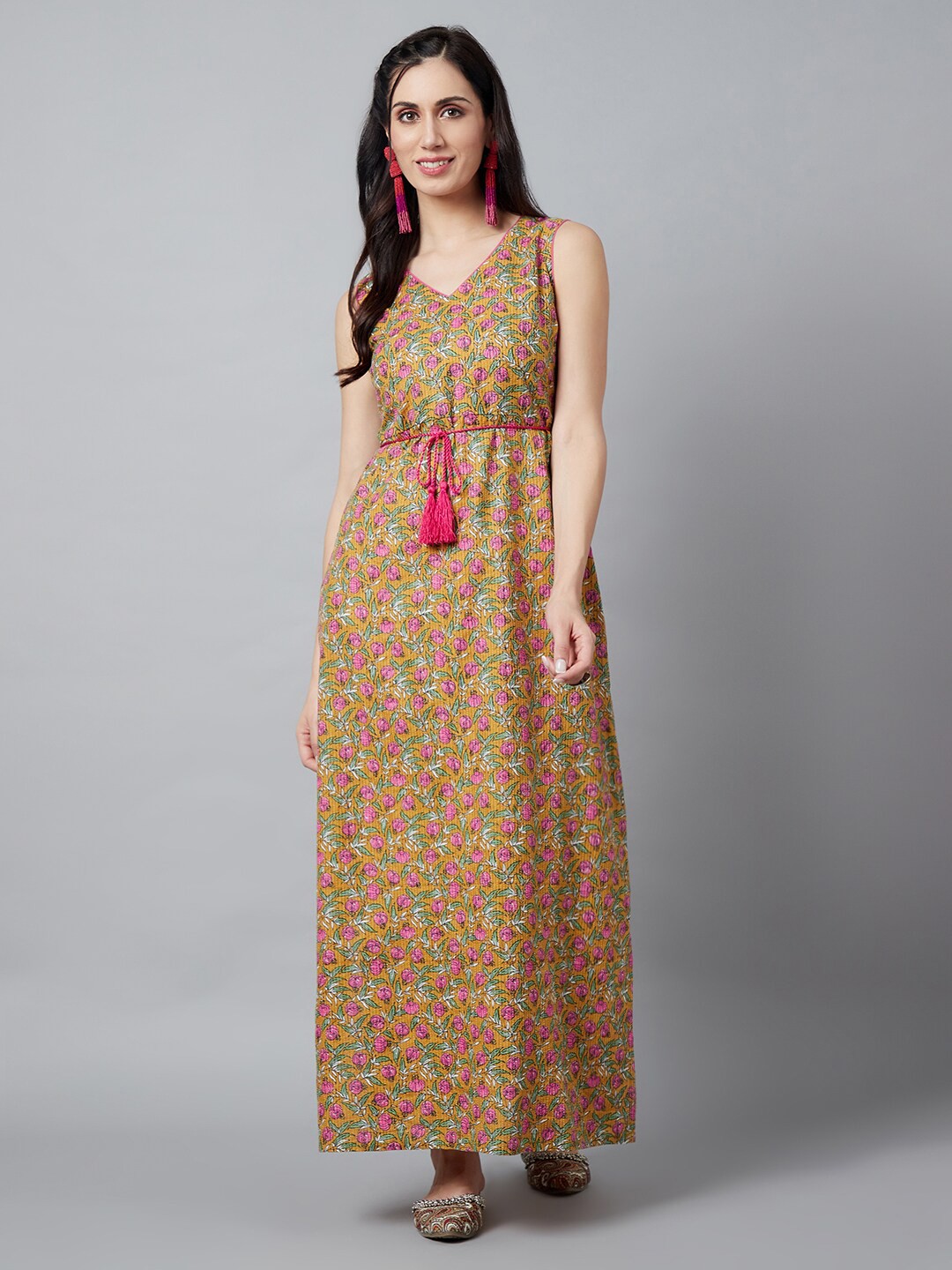 

AKS Floral Printed Sleeveless Cotton Maxi Dress, Mustard