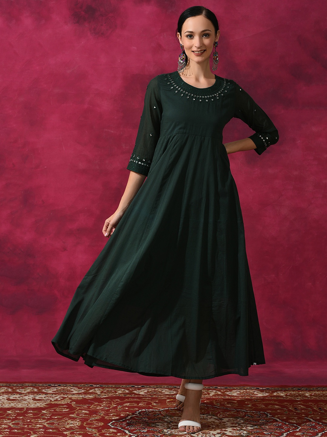 

AKS Mirror Work Embroidered Fit And Flare Cotton Maxi Dress, Green