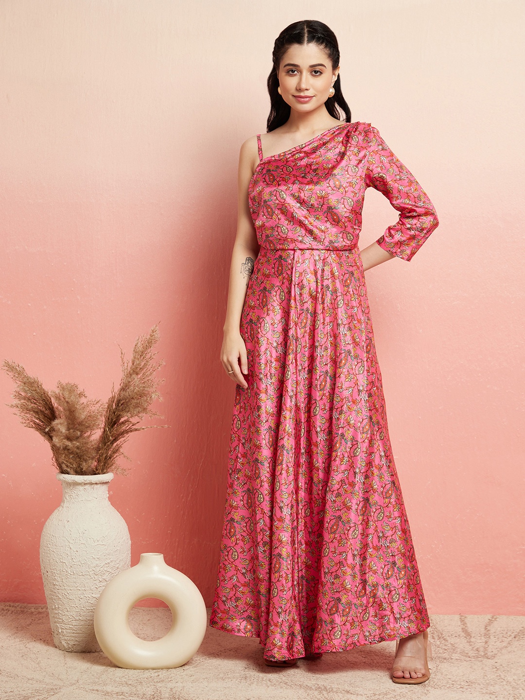 

AKS Floral Printed One Shoulder Flared Maxi Dress, Pink