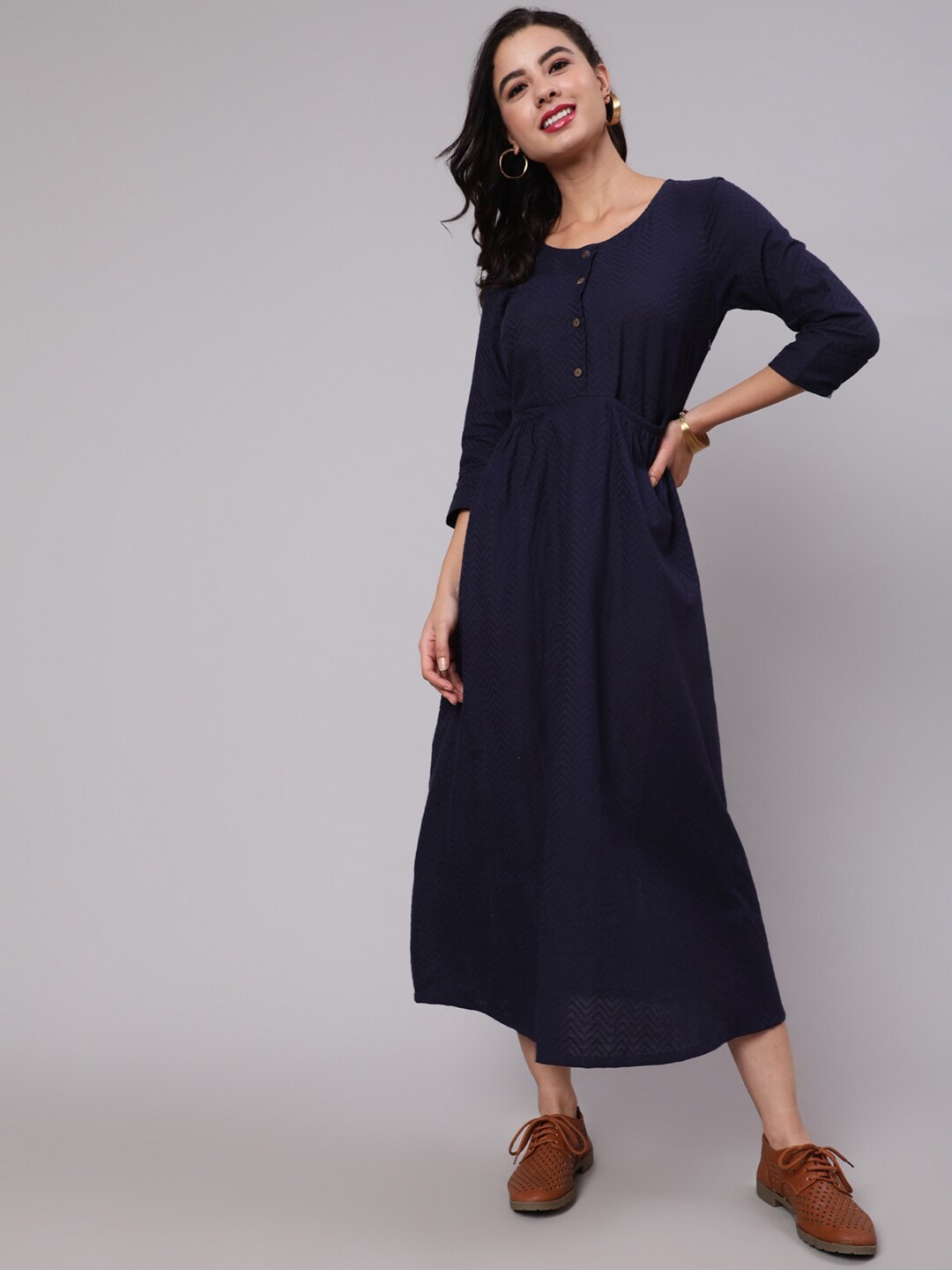 

AKS Self Design Round Neck Cotton A-Line Midi Dress, Navy blue