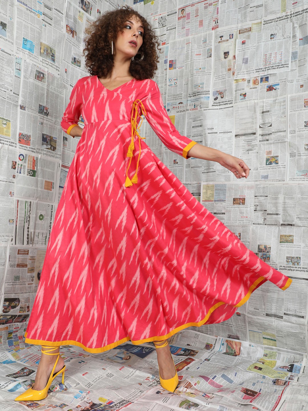 

AKS Abstract Printed Tie- Up Cotton Maxi Ethnic Dress, Pink