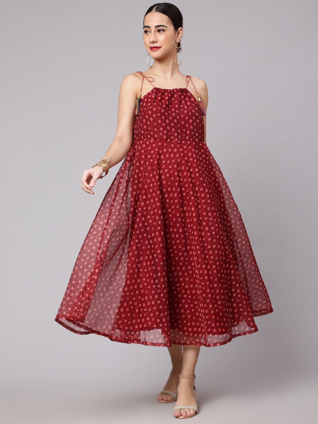 

AKS Geometric Printed Shoulder Strap Fit & Flare Midi Dress, Maroon