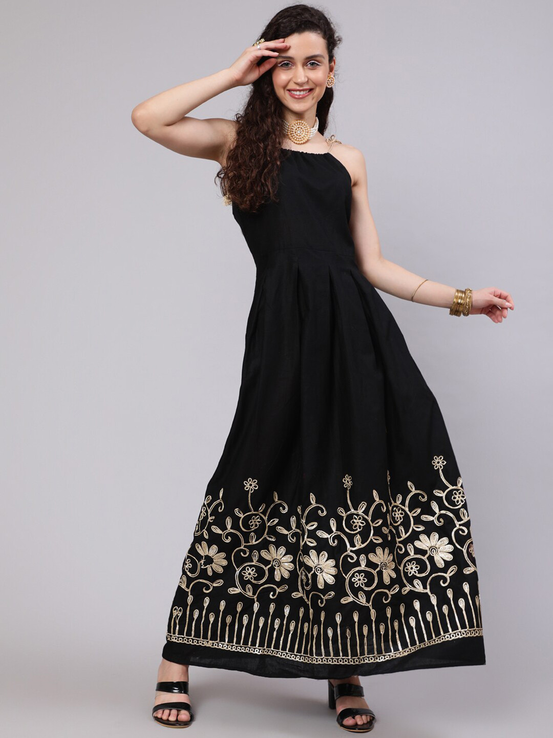 

AKS Floral Embroidered Shoulder Strap Maxi Dress, Black