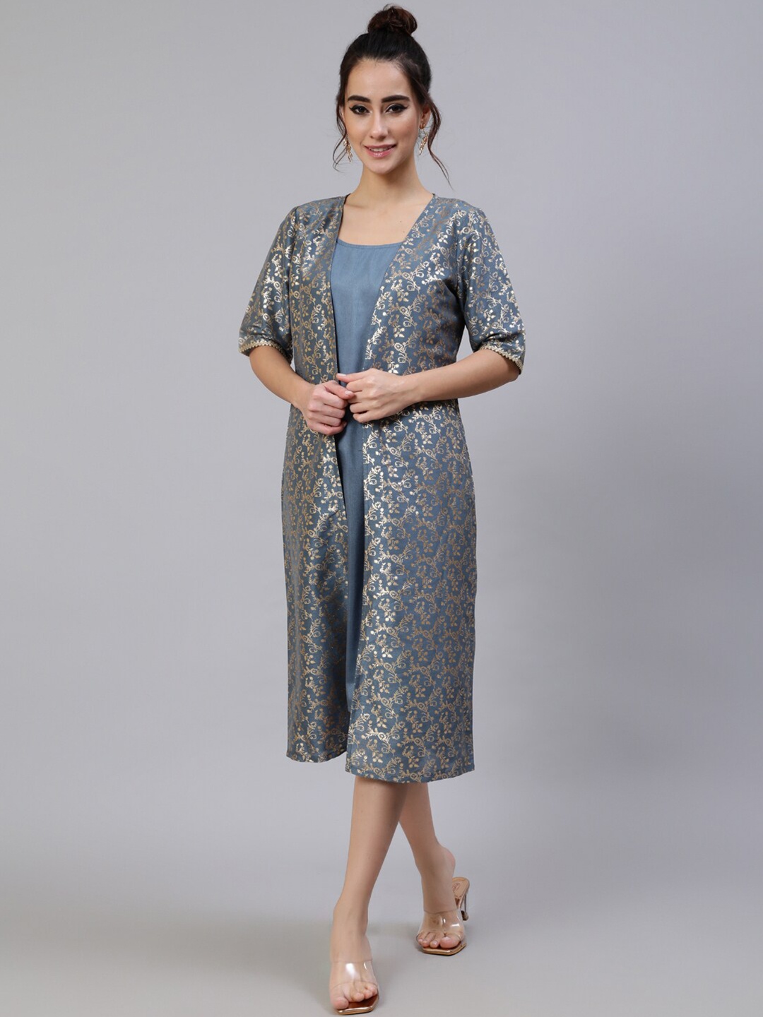 

AKS Sleeveless A-Line Midi Dress And Foil Ethnic Motifs Printed Jacket, Grey