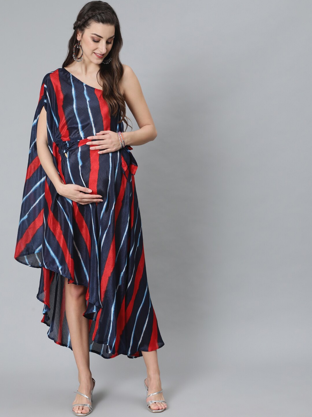 

AKS Striped Leheriya Printed One Shoulder Maternity Maxi Dress, Blue
