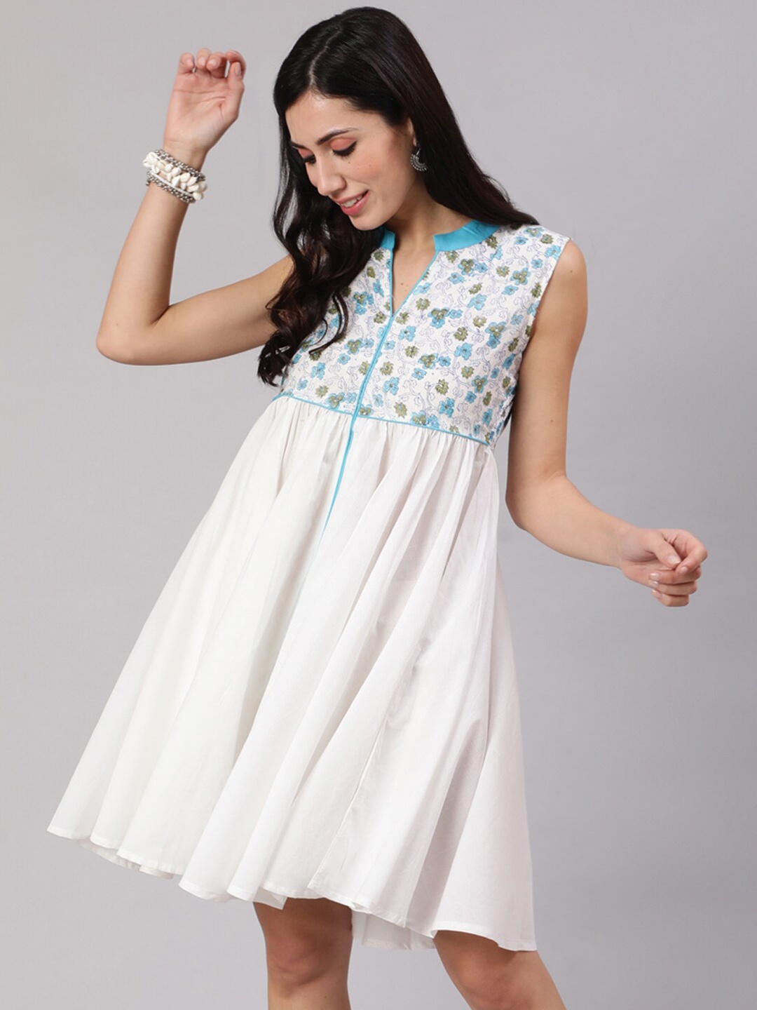 

AKS Floral Printed Mandarin Collar Cotton Fit and Flare Dress, White