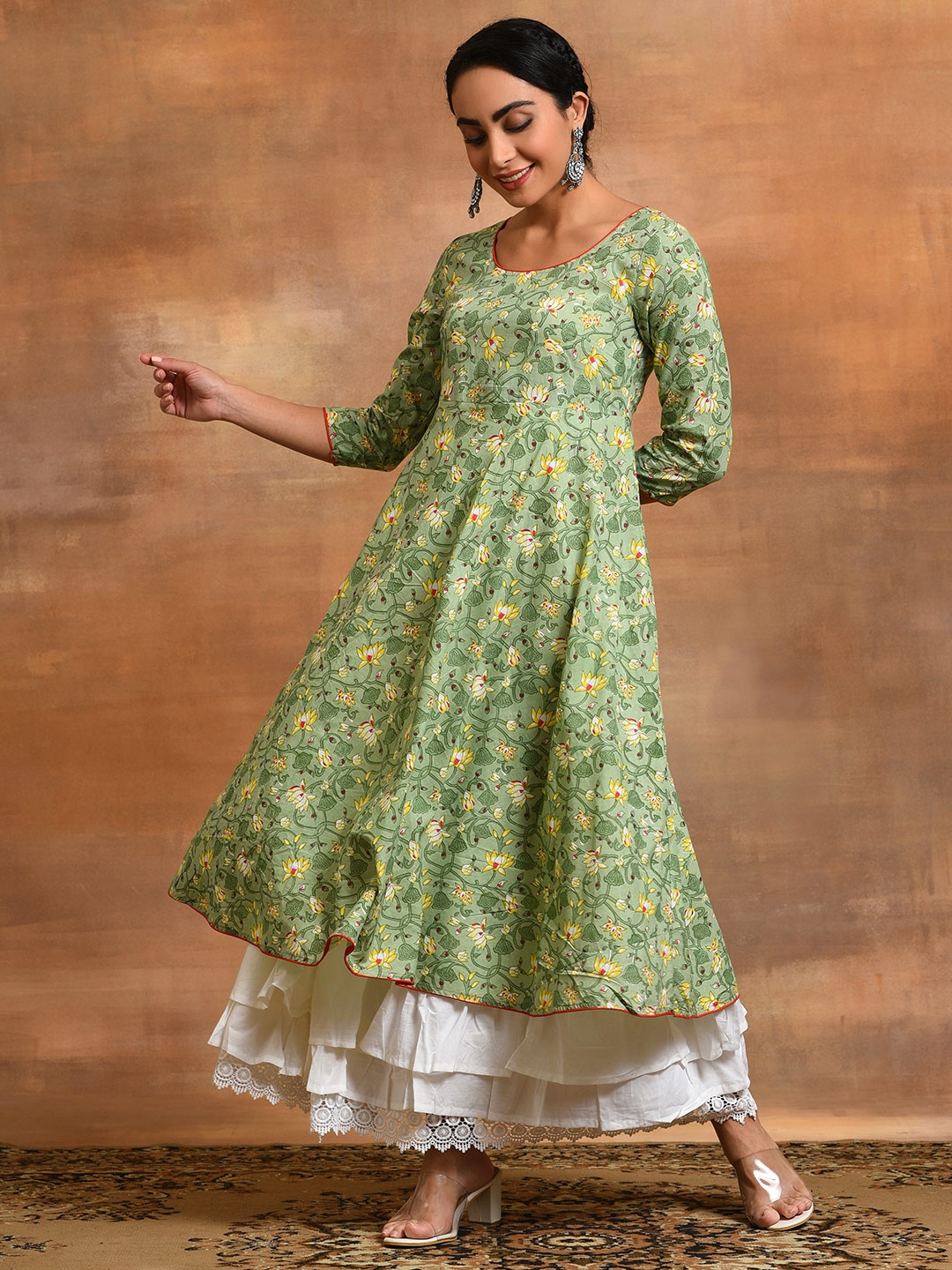 

AKS Floral Printed Round Neck Cotton Layered Maxi Ethnic Dress, Green