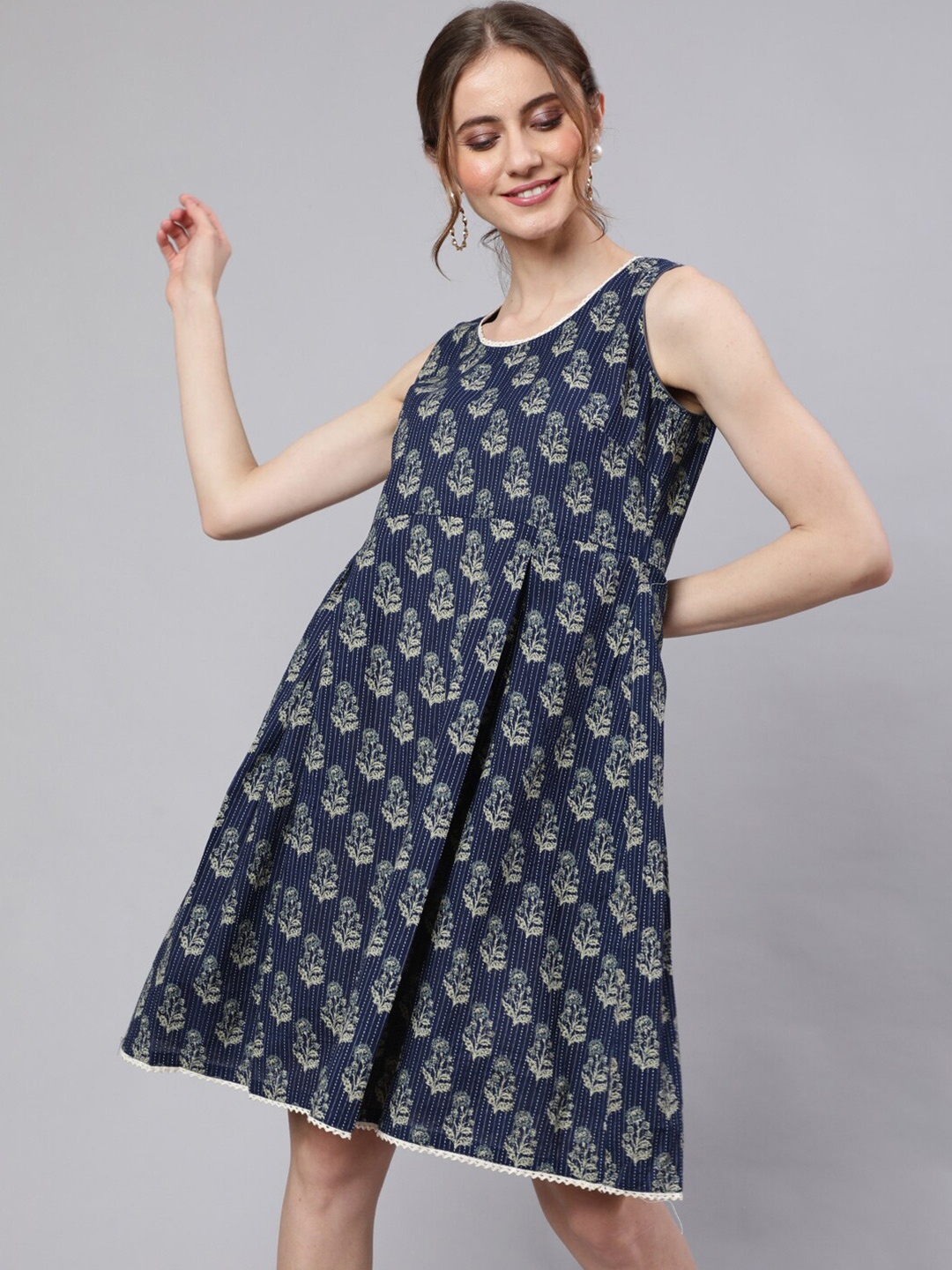 

AKS Round Neck Floral Printed Tiered Thread Work Flounce Hemline A-Line Cotton Dress, Navy blue