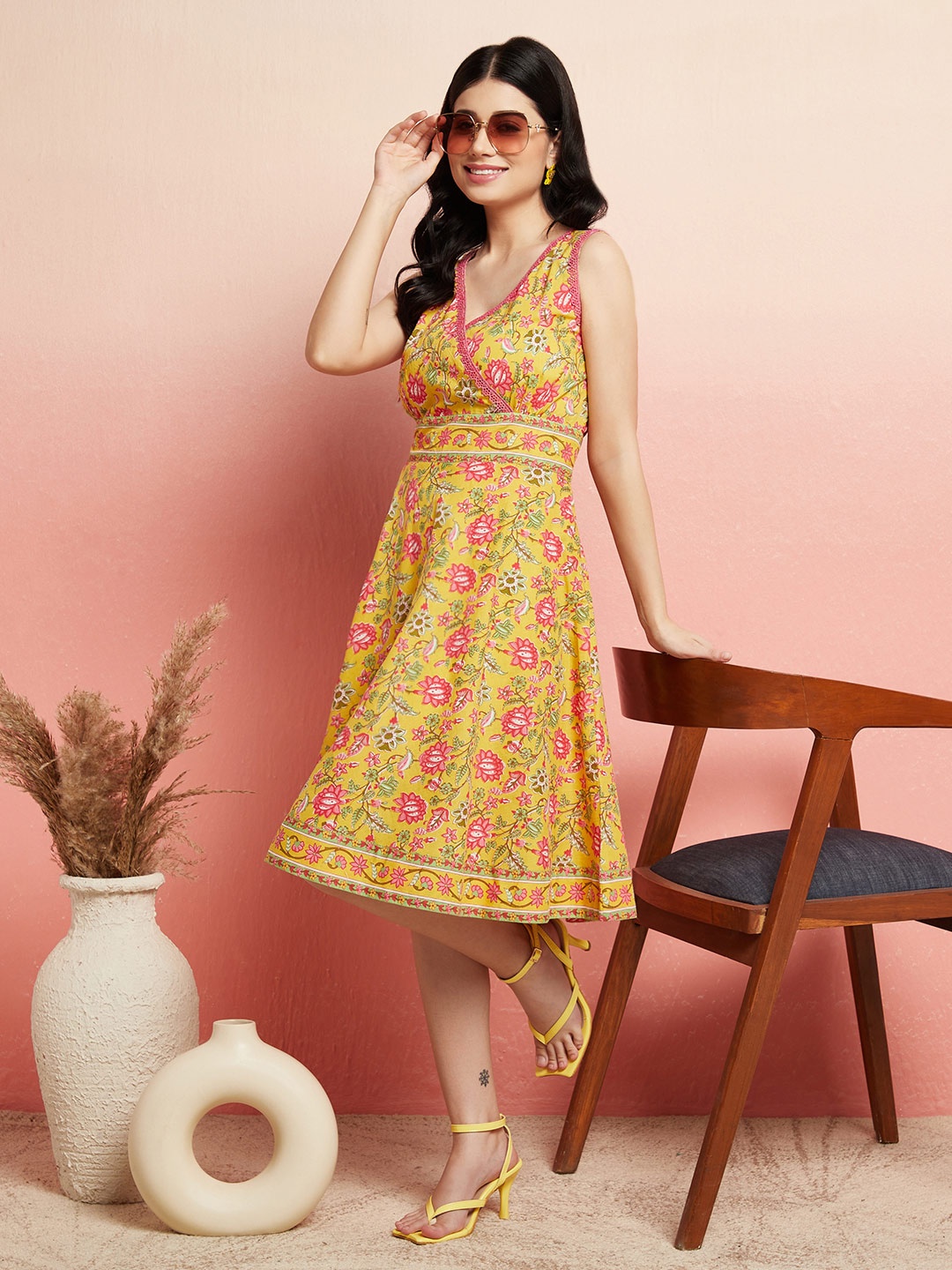 

AKS V-Neck Floral Printed Angrakha Style A-Line Cotton Above Knee Dress, Yellow