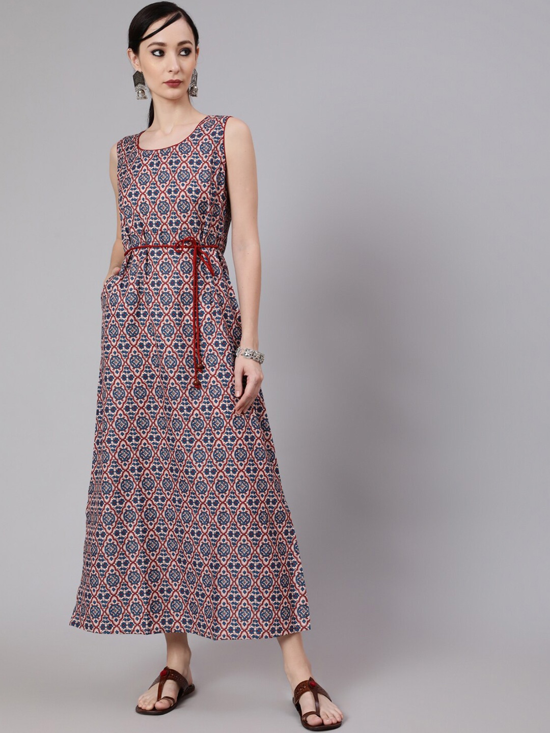 

AKS Round Neck Ethnic Motifs Printed Tie-Ups A-Line Cotton Maxi Dress, Cream