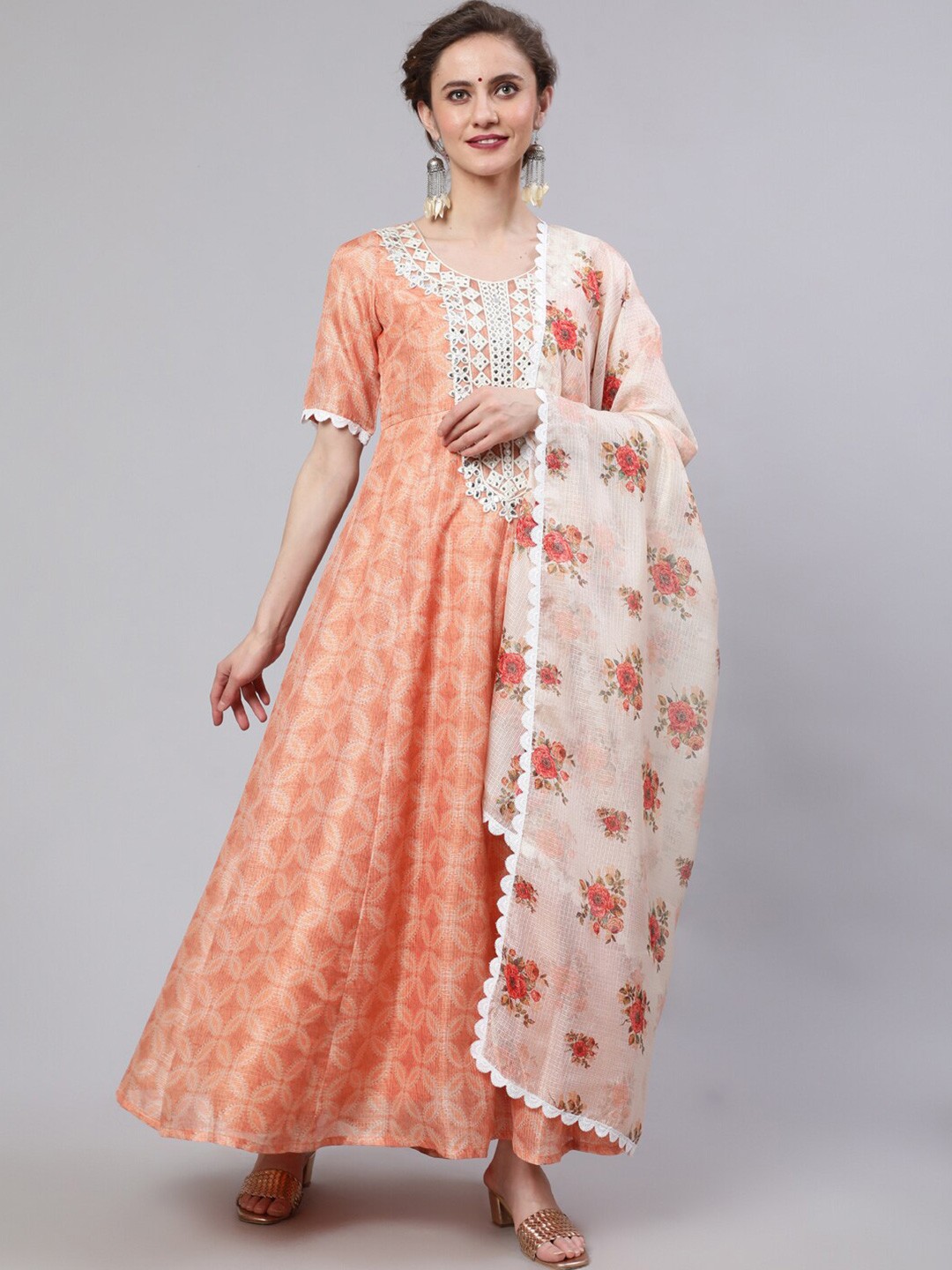 

AKS Round Neck Geometric Printed Sequinned Yoke Design A-line Cotton Maxi Ethnic Dress, Peach
