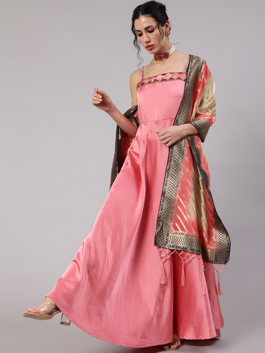 

AKS Shoulder Strap Neck Beads And Stones Fit And Flare Silk Maxi Ethnic Dress, Mauve