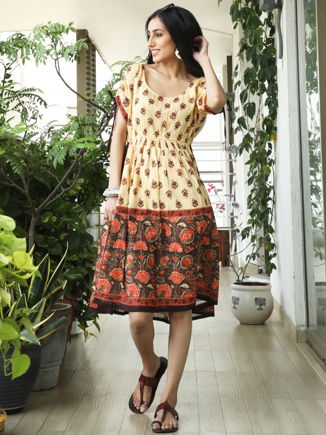 

AKS Round Neck Ethnic Motifs Printed Tie-Ups Fit And Flare Knee Length Cotton Dress, Cream