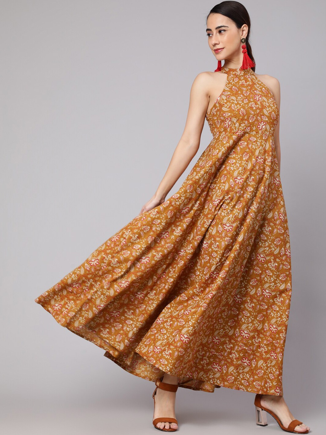 

AKS Halter Neck Floral Printed Fit And Flare Cotton Maxi Dress, Mustard
