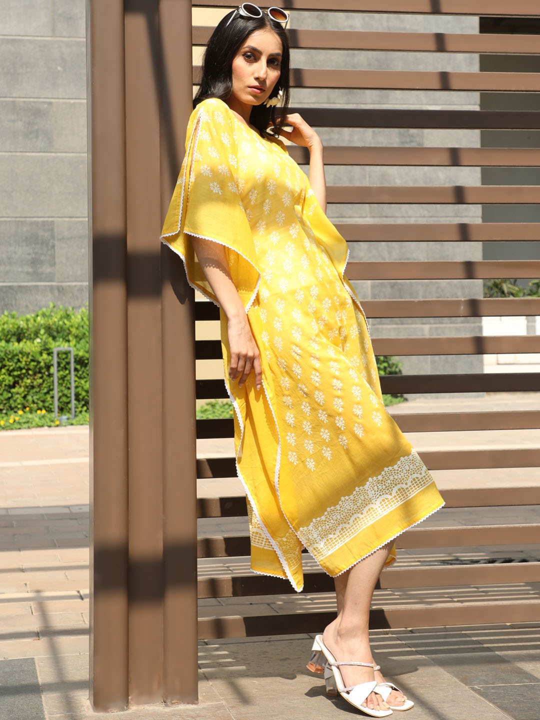 

AKS Round Neck Ethnic Motifs Printed Kaftan Slit Sleeve Asymetric Cotton Midi Dress, Yellow