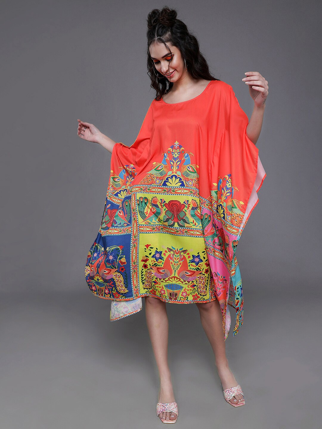 

AKS Round Neck Ethnic Motifs Printed Kaftan Calf Length Silk Dress, Orange