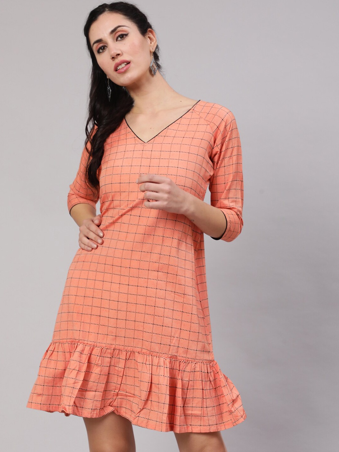 

AKS V Neck Checked Printed Flounce Hemline Cotton A-Line Dress, Peach
