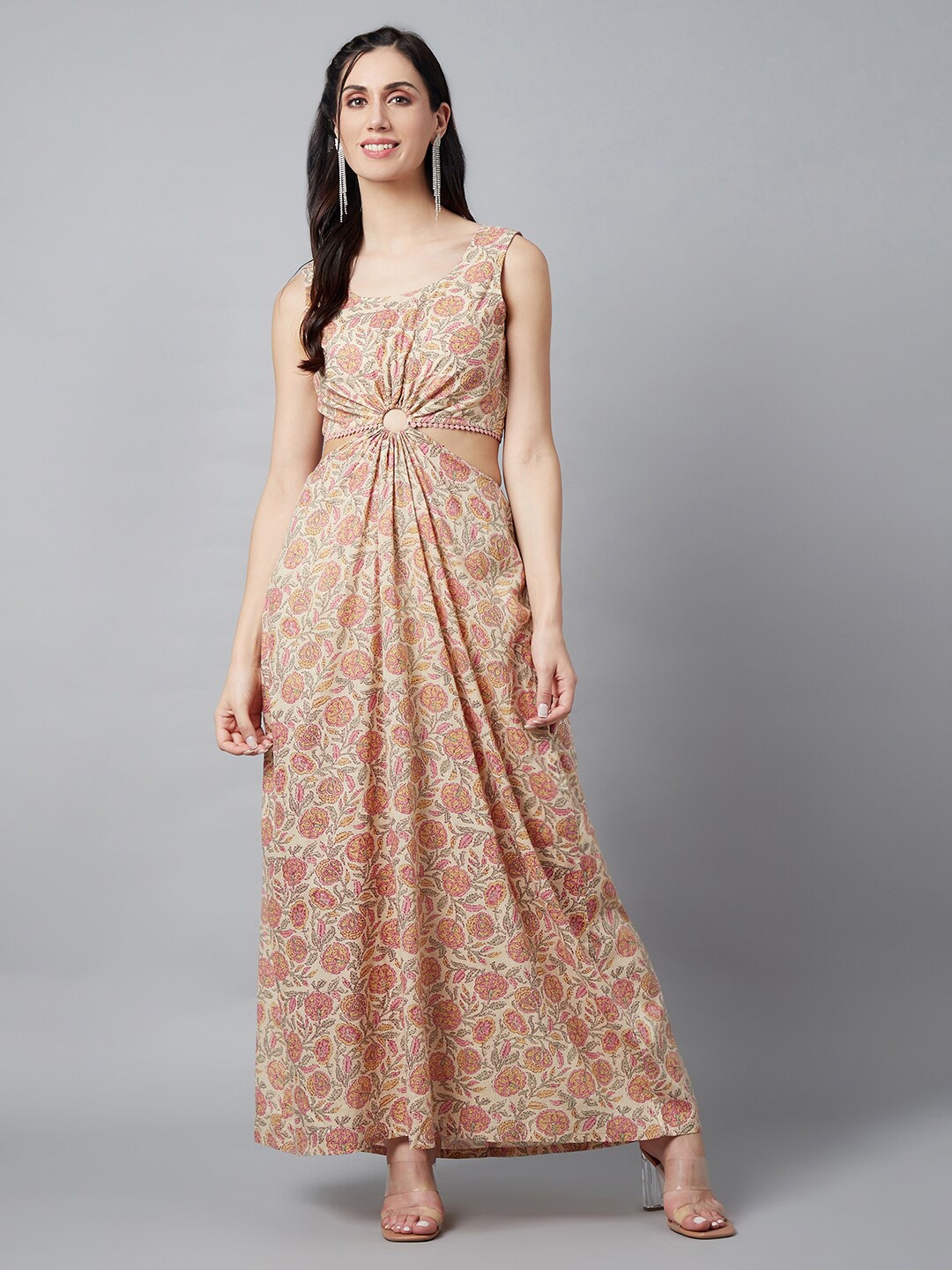 

AKS Round Neck Floral Printed Cut-Out Thread Work Cotton Maxi Dress, Cream