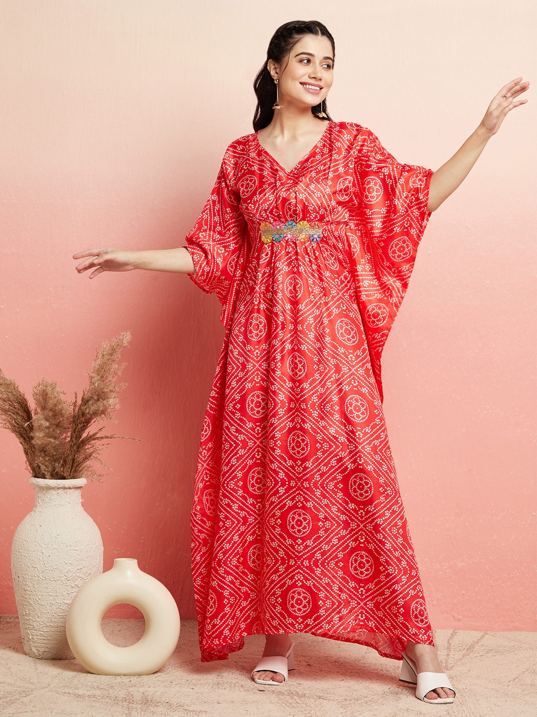 

AKS Bandhani Printed Kimono Sleeves Kaftan Silk Maxi Dress, Red